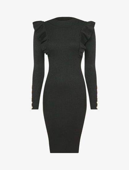 Robe côtelée à épaules volantées - Noir - 5