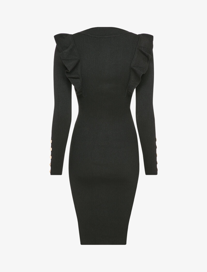 Robe côtelée à épaules volantées - Noir - 2