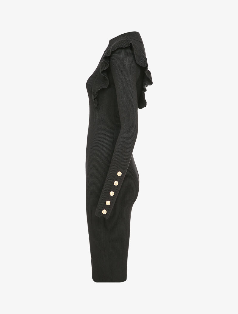 Robe côtelée à épaules volantées - Noir - 3