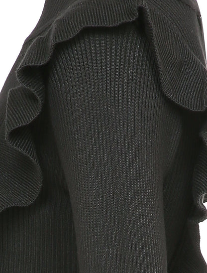 Robe côtelée à épaules volantées - Noir - 4