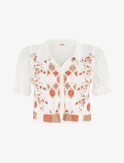 Gilet court en crochet fleuri - Blanc/orange - 5