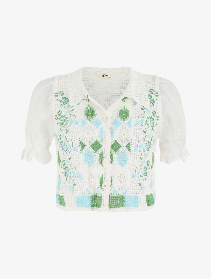 Gilet court en crochet fleuri - Blanc/vert - 1