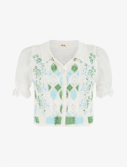 Gilet court en crochet fleuri - Blanc/vert - 1