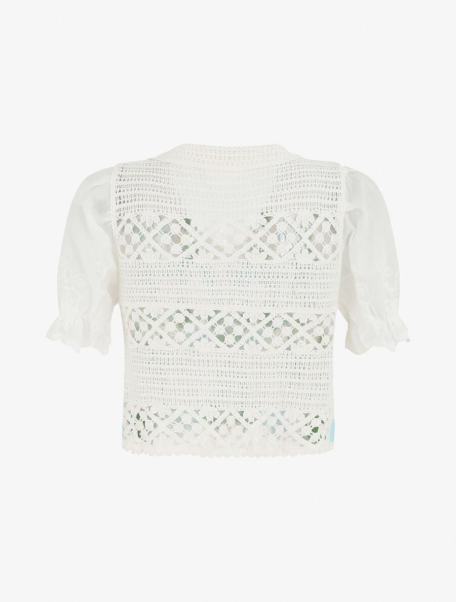 Gilet court en crochet fleuri - Blanc/vert - 2