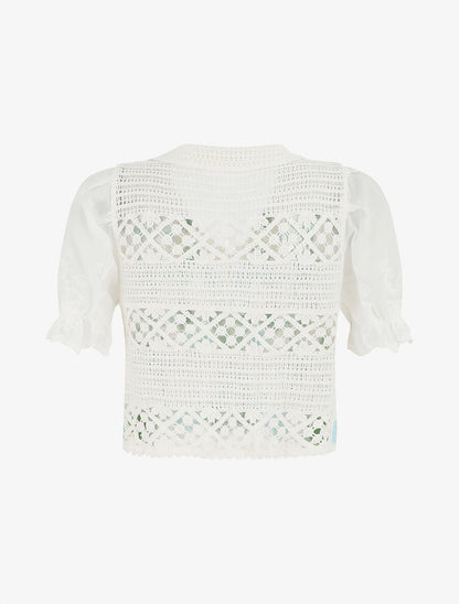Gilet court en crochet fleuri - Blanc/vert - 2