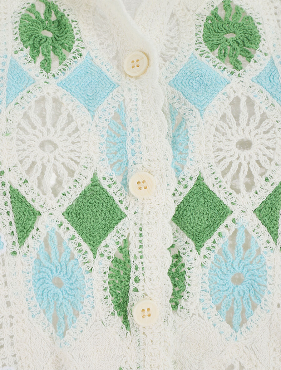 Gilet court en crochet fleuri - Blanc/vert - 3