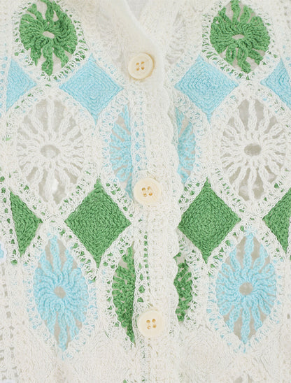 Gilet court en crochet fleuri - Blanc/vert - 3