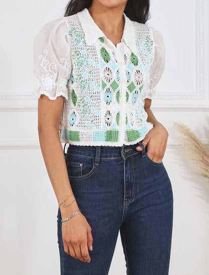 Gilet court en crochet fleuri - Blanc/vert - 4