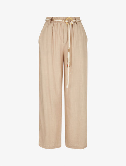 Pantalon droit taille haute élastiquée - Beige - 4