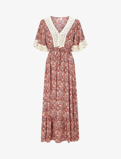 Robe longue imprimé fantaisie à détail broderies - Fushia - 1