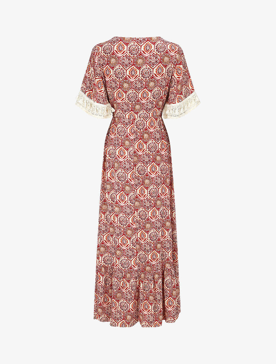 Robe longue imprimé fantaisie à détail broderies - Fushia - 2
