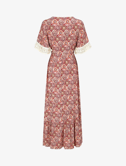Robe longue imprimé fantaisie à détail broderies - Fushia - 2
