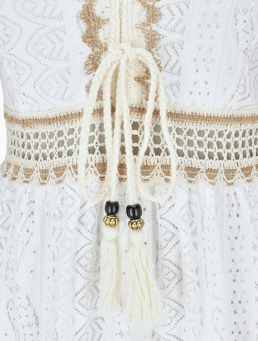 Robe mi-longue unie à broderies - Blanc - 3