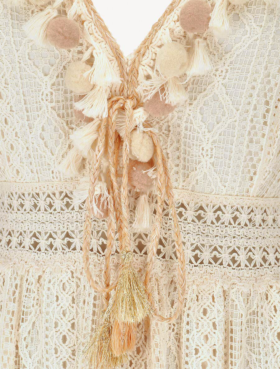 Robe longue crochet à détail pompons - Beige - 3