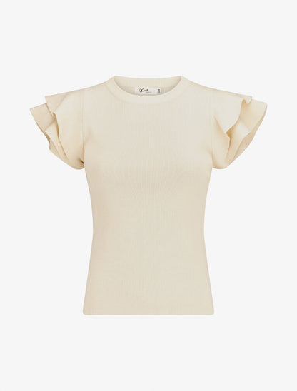 Top ajusté en maille mancherons volantés - Beige - 1