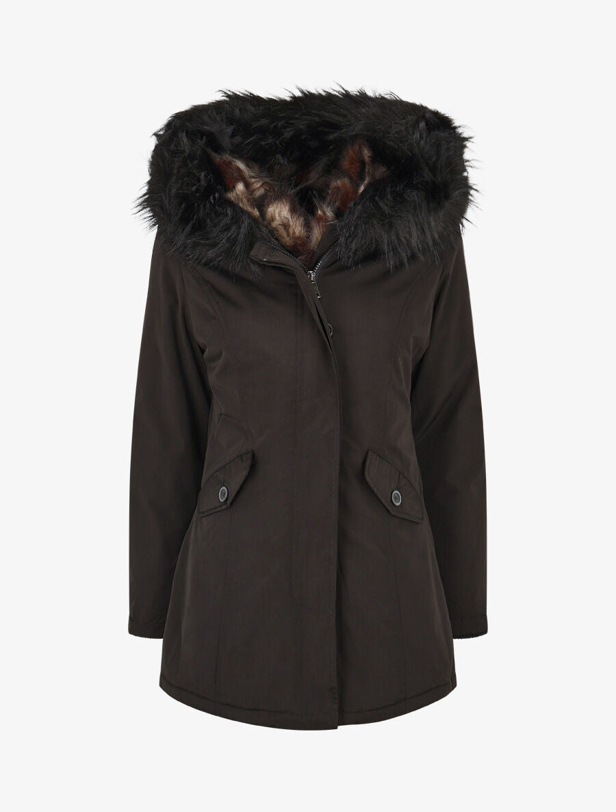 Parka uni à fourrure synthétique dépareillé - Noir - 1