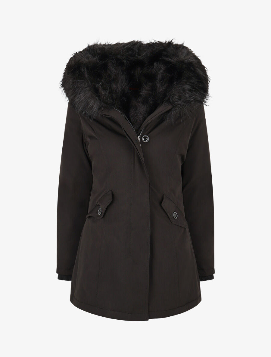 Parka uni à fourrure synthétique uni - Noir - 1