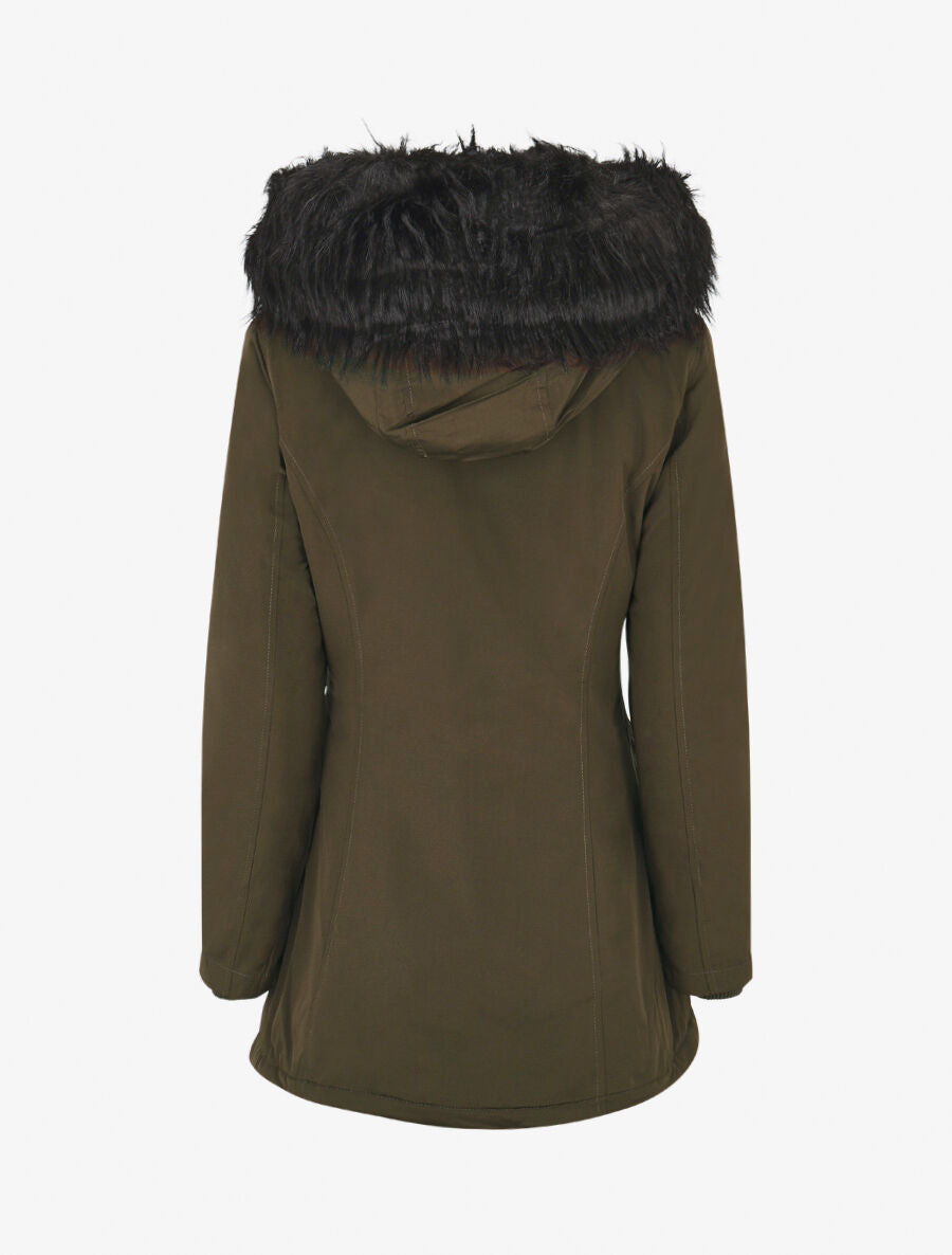 Parka uni à fourrure synthétique amovible - Vert militaire/noir - 2