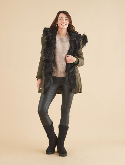 Parka uni à fourrure synthétique amovible - Vert militaire/noir - 6