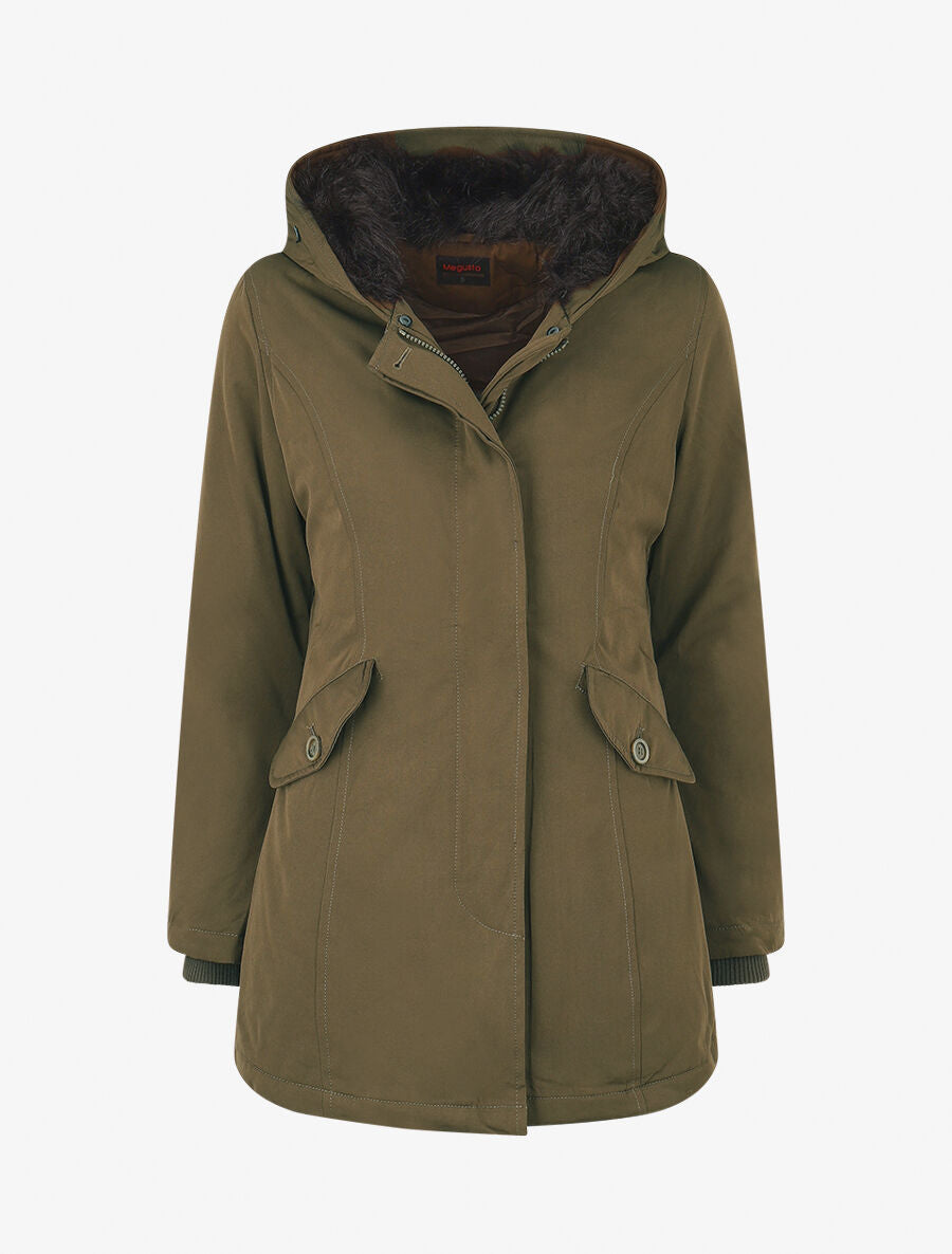 Parka uni à fourrure synthétique amovible - Vert militaire/noir - 4