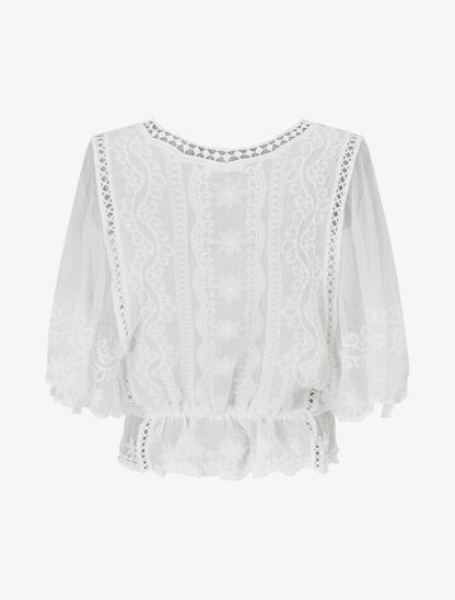 Blouse unie en résille et brodée - Blanc - 2
