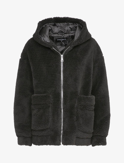 Manteau duveteux à capuche - Noir - 1