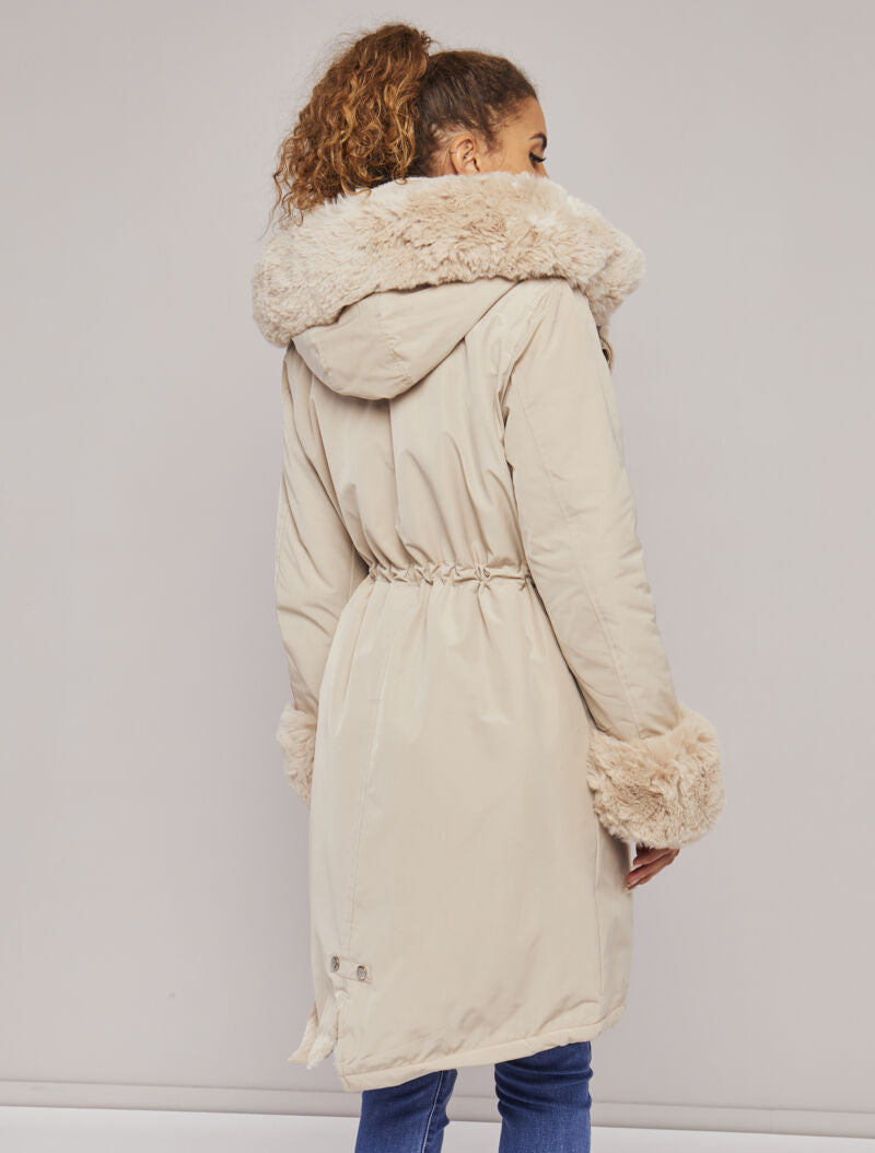 Parka à bords en fourrure synthétique amovible - Beige - 5