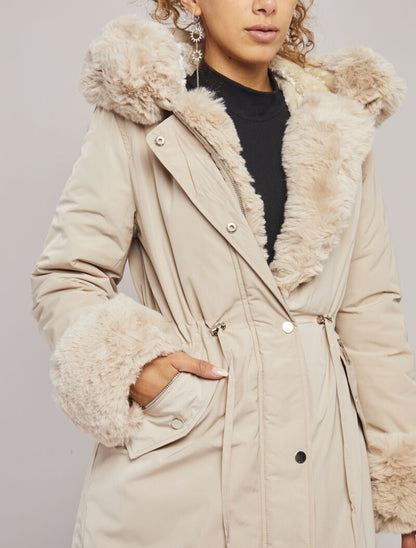 Parka à bords en fourrure synthétique amovible - Beige - 6