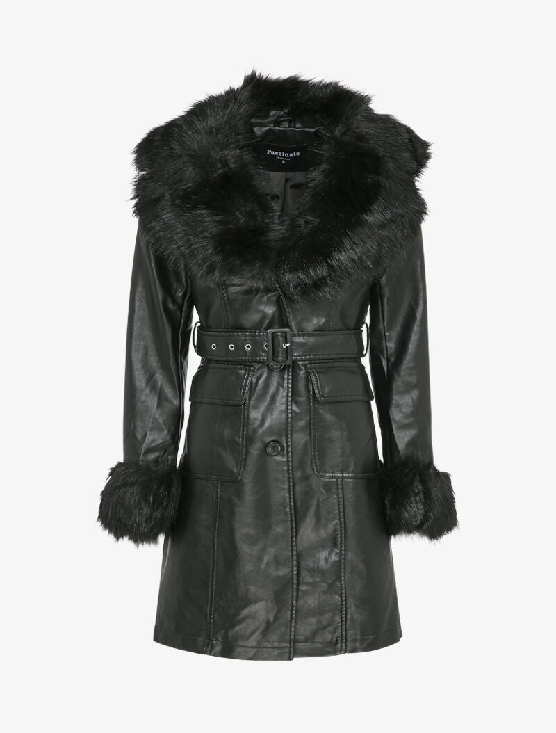 Manteau en simili à col et poignets en fausse fourrure - Noir - 4