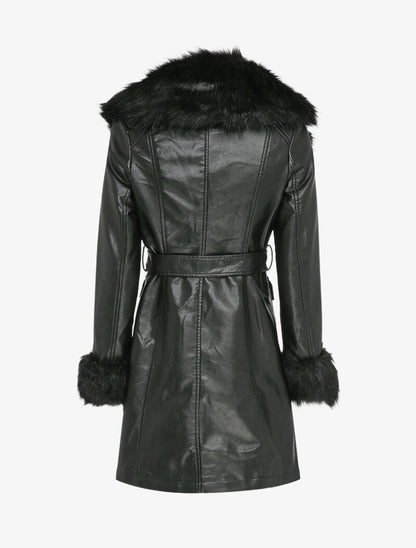 Manteau en simili à col et poignets en fausse fourrure - Noir - 2