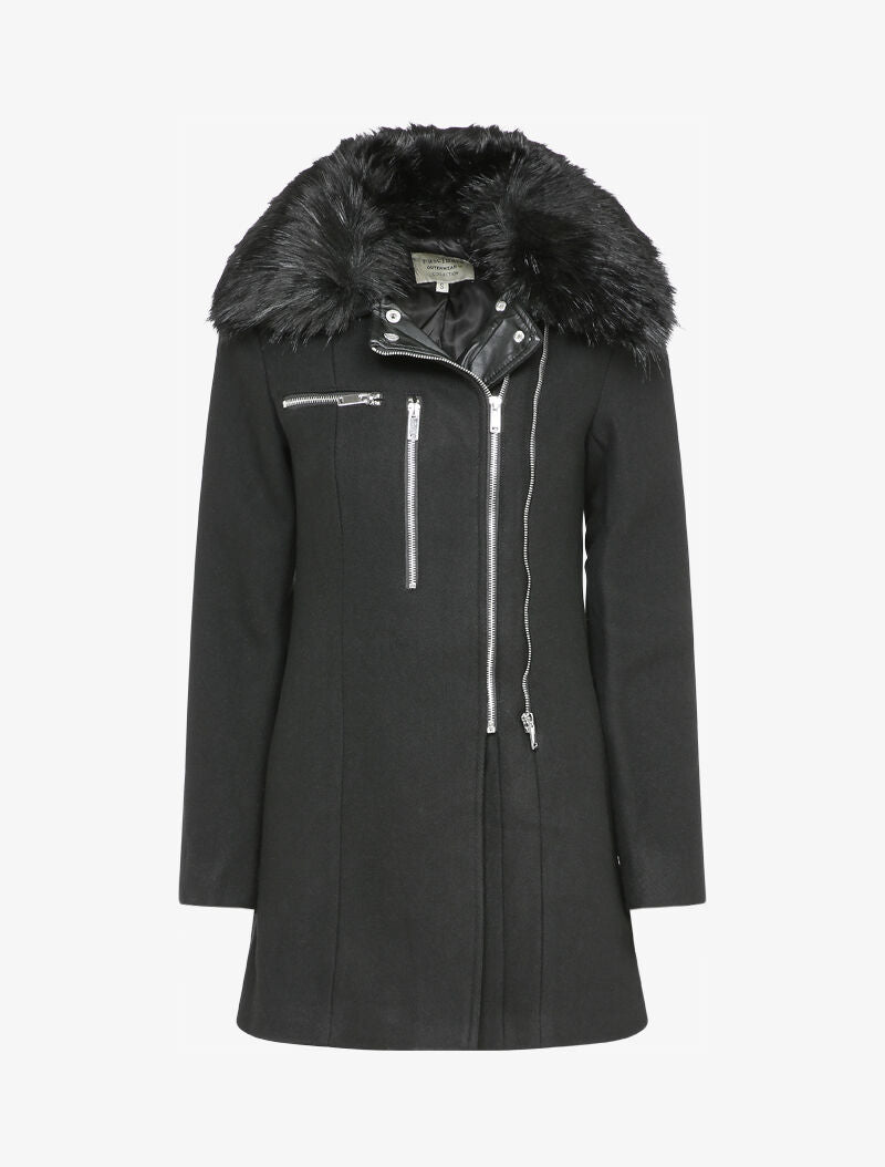 Manteau mi-long à col en fausse fourrure - Noir - 4