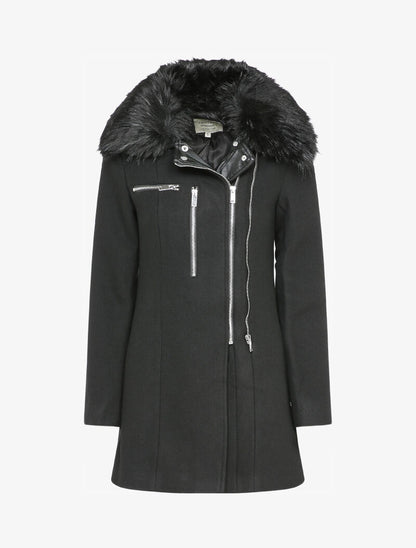 Manteau mi-long à col en fausse fourrure - Noir - 4