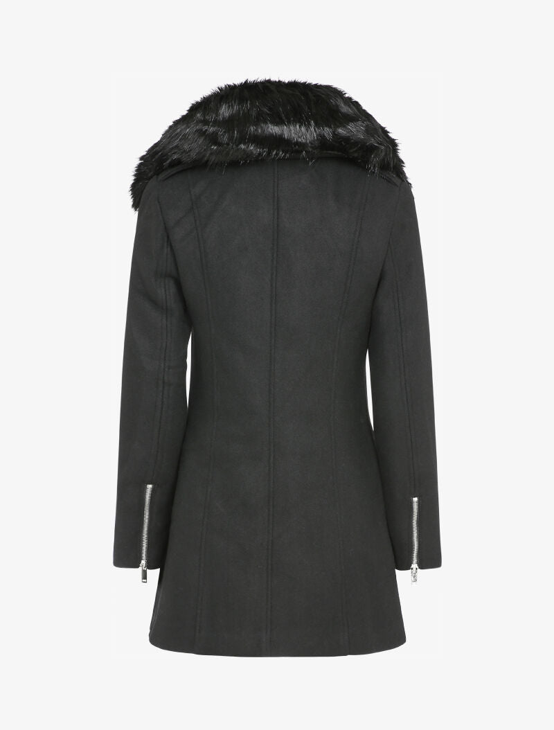 Manteau mi-long à col en fausse fourrure - Noir - 2