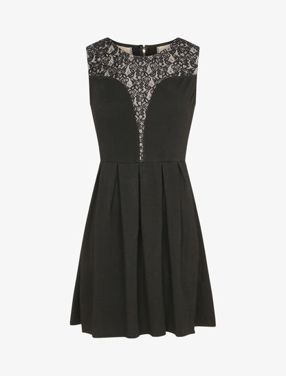 Robe patineuse à col et dos en dentelle - Noir - 4