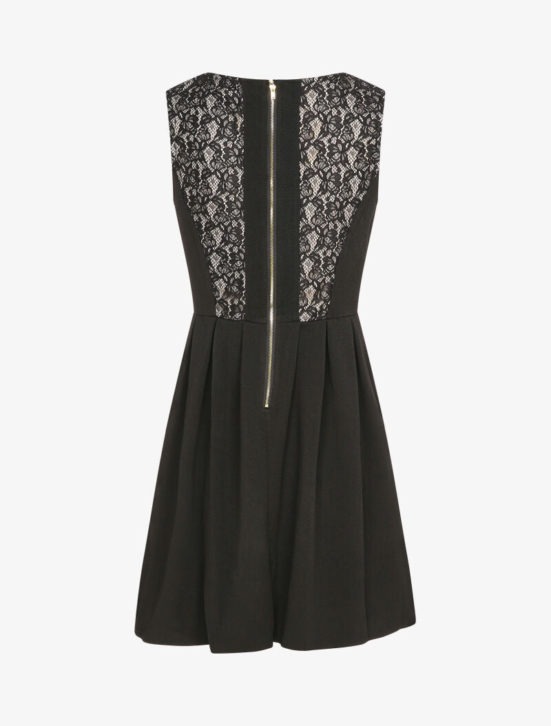 Robe patineuse à col et dos en dentelle - Noir - 2