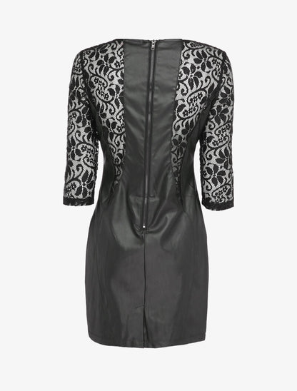 Robe en simili à manches en dentelle - Noir - 2