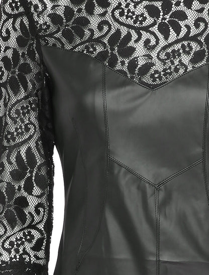 Robe en simili à manches en dentelle - Noir - 3