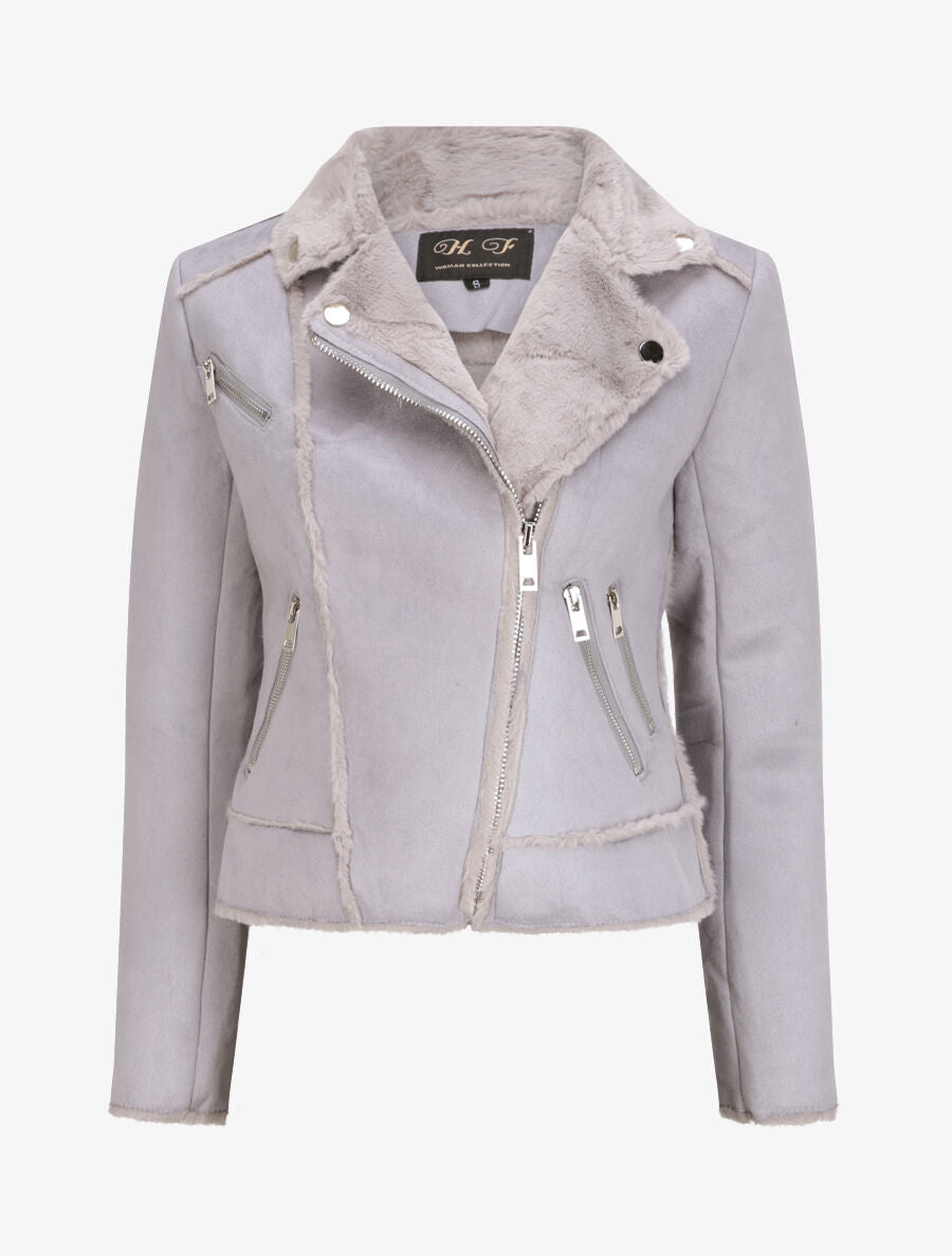 Veste fourrée à coutures contrastantes - Gris - 4