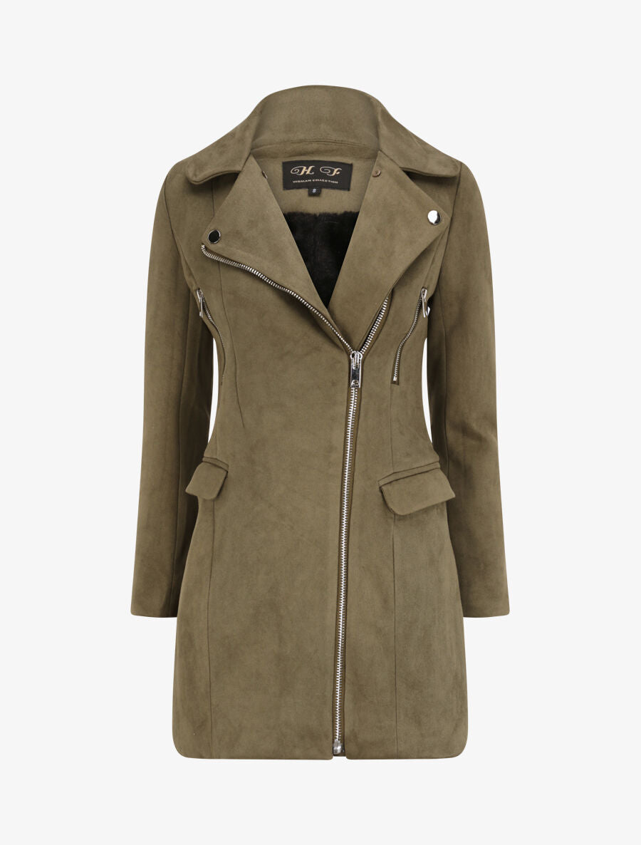 Manteau à col cranté et intérieur fourré - Kaki - 4