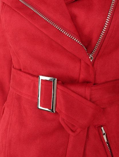 Veste fourrée en suédine style perfecto - Rouge - 3