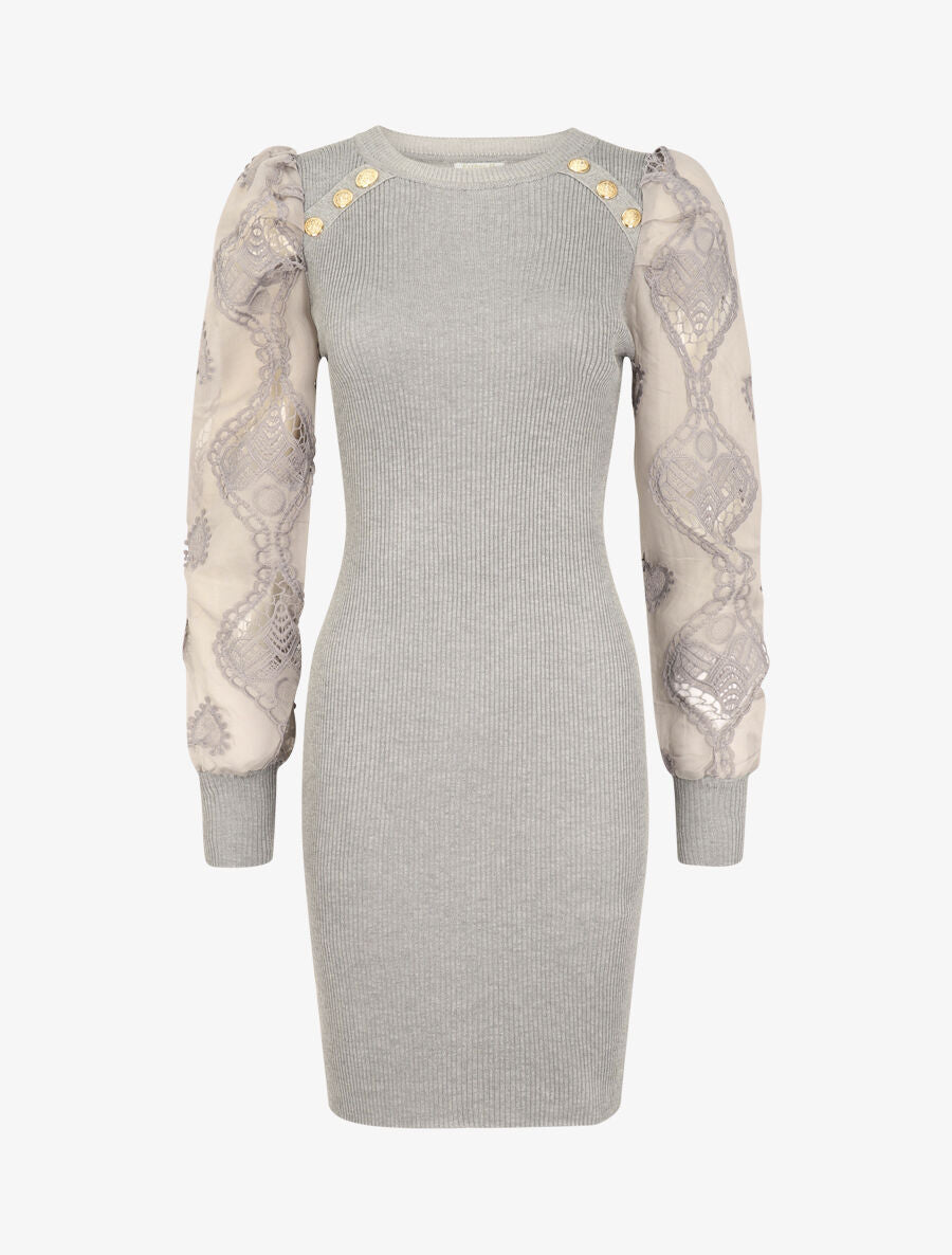 Robe pull à manches bouffantes en crochet - Gris clair - 1