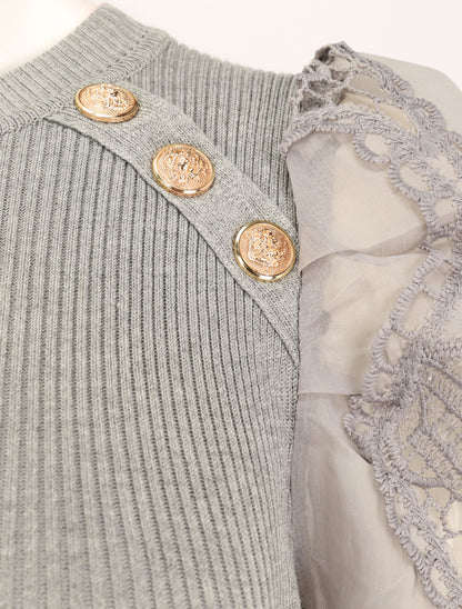 Robe pull à manches bouffantes en crochet - Gris clair - 3