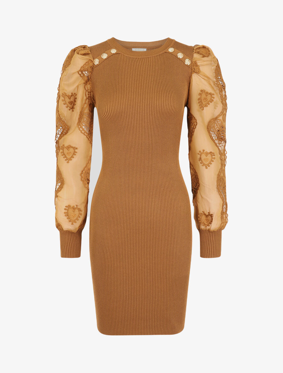 Robe pull à manches bouffantes en crochet - Camel - 4