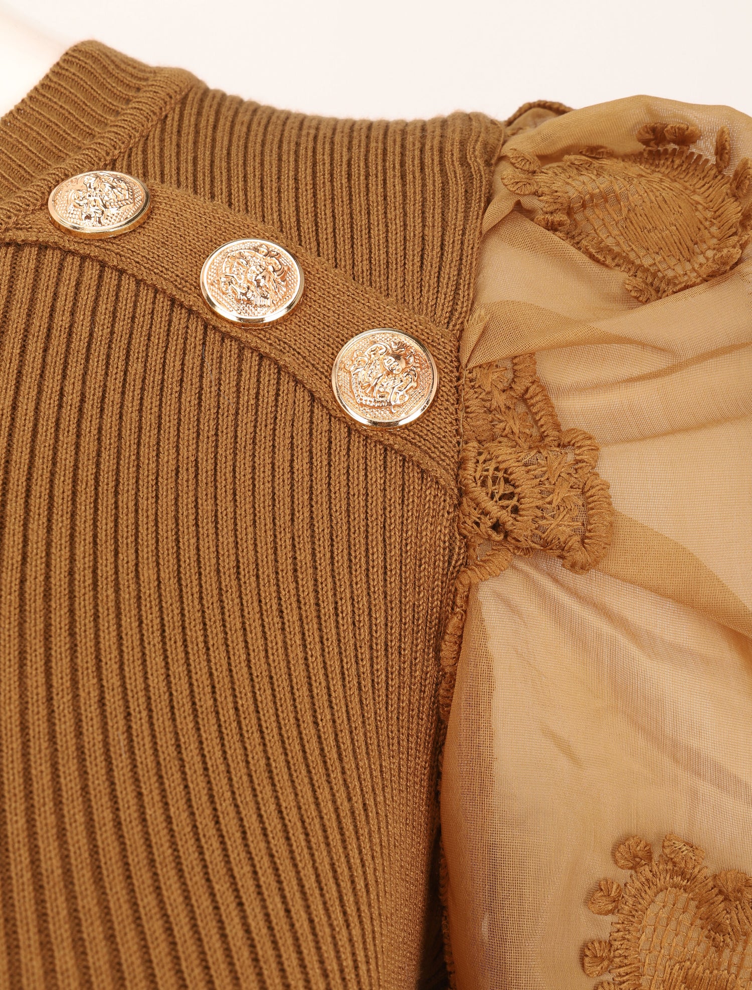 Robe pull à manches bouffantes en crochet - Camel - 3