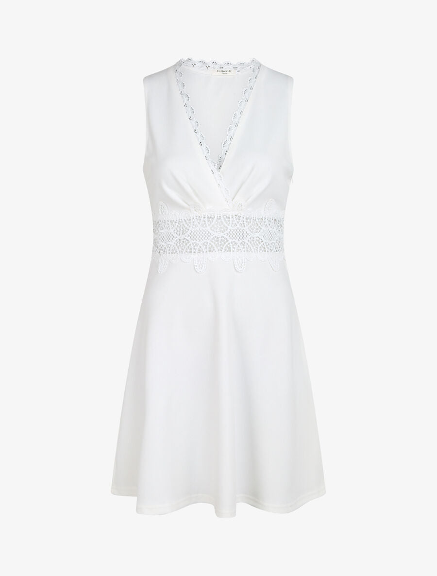 Robe à taille en crochet ajouré - Blanc - 1