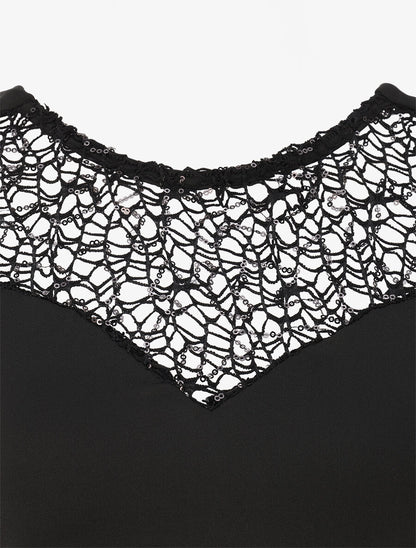 Robe longue à détail crochet et sequins - Noir - 4