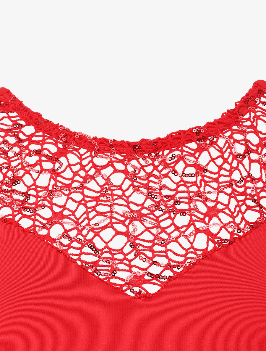 Robe longue à détail crochet et sequins - Rouge - 4