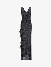 Robe longue à sequins et fente volantée - Noir - 1
