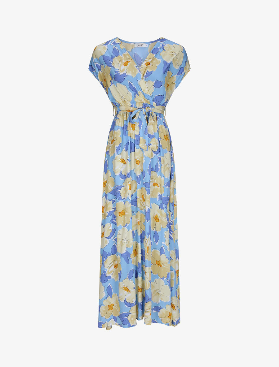 Robe longue empire à manches courtes et imprimé floral - Bleu - 4