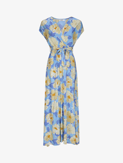Robe longue empire à manches courtes et imprimé floral - Bleu - 4
